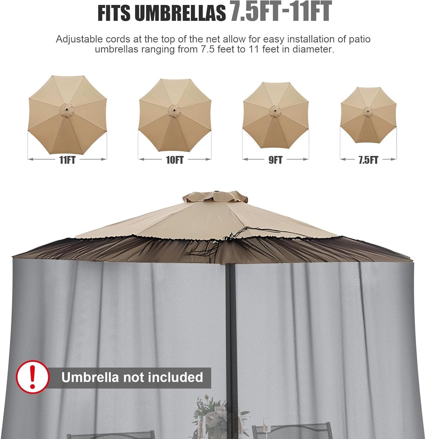 9-11 FT Umbrella Net for Outdoor Umbrella, Universal Patio Umbrella Mosquito Netting for Double-Sided Umbrella, Hanging Polyester Mesh Umbrella Screen for Patio Tables with Zipper, Black