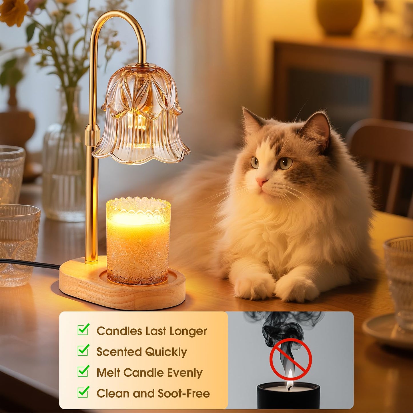 Candle Warmer Lamp with Timer - Adjustable Height Electric Candle Warmer Lamp with Dimmer, Flower Glass Shade Wax Melt Warmer with Wood Base, Dimmable Halogen Candle Warmer for Jar Candles Home Decor
