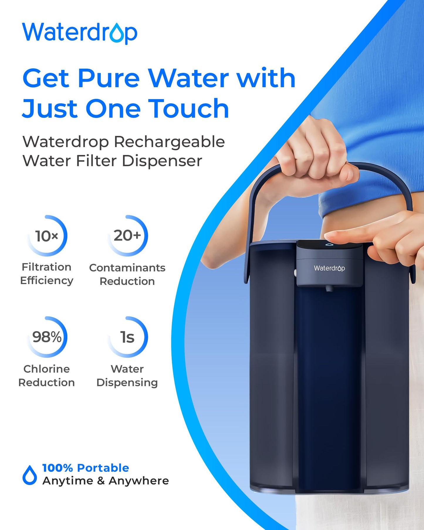 Waterdrop Electric Water Filter Pitcher, Rechargeable 200-Gallon Water Dispenser, Instant 15-Cup Countertop System, NSF/ANSI 42&372, Reduce PFAS, Lead, Chlorine, Navy Blue