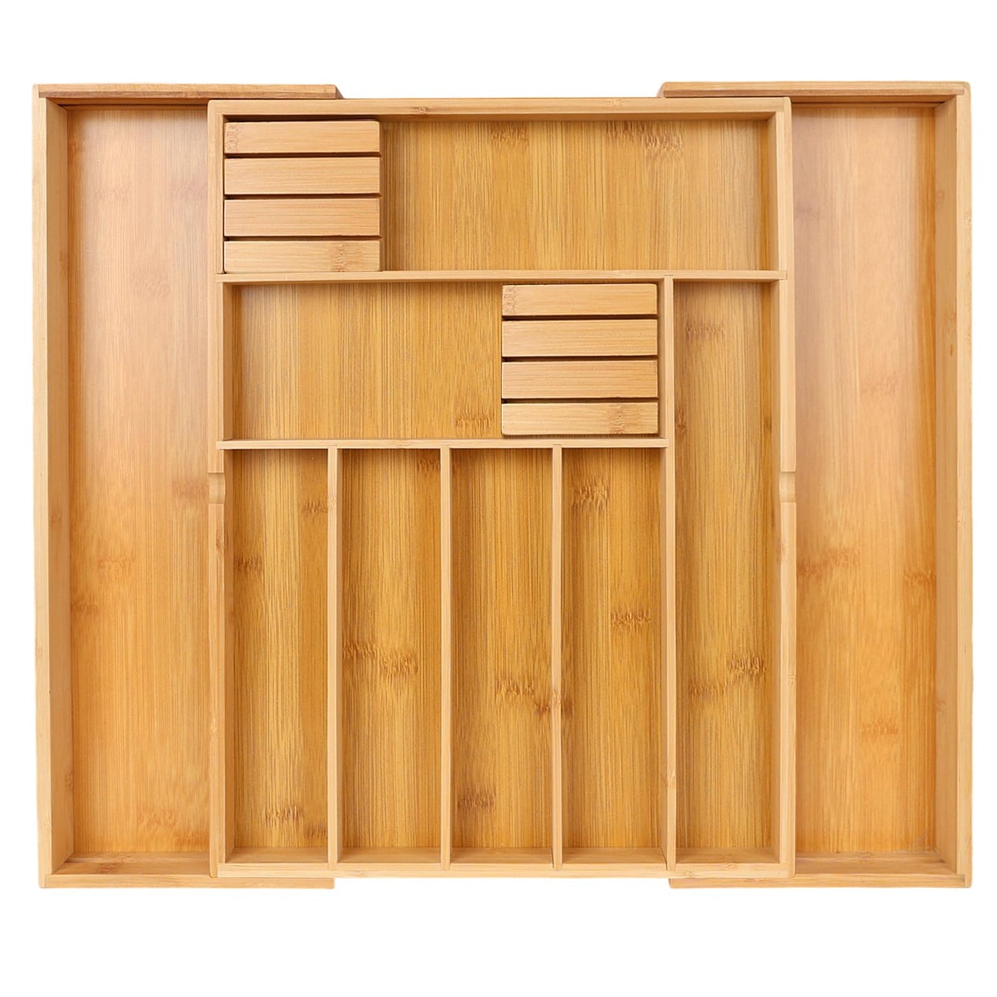 Expandable Cutlery Organizer, 7-9 Slot Bamboo Utensil Drawer Organizer with 2 Removable Knife Blocks, Adjustable Wooden Cutlery Tray Holder Kitchen Drawer Organizer for Silverware, Flatware