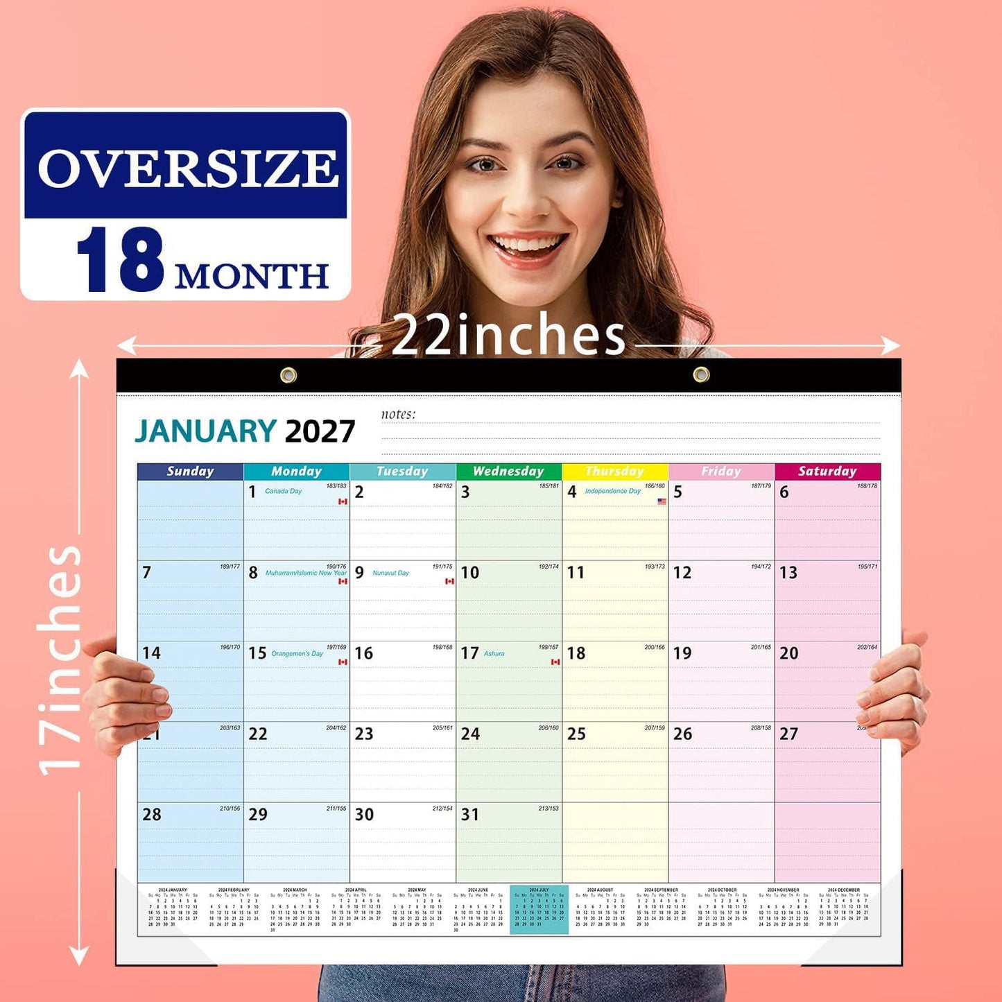 Large Wall Calendar 2026.7-2027.12: Desk Calendar 21.96 x 16.96 Inches,Large Desk Calendar Runs From July 2026 - December 2027 for Home Office Planning and Organizing Family Planner with Notes, Pocket (EU)