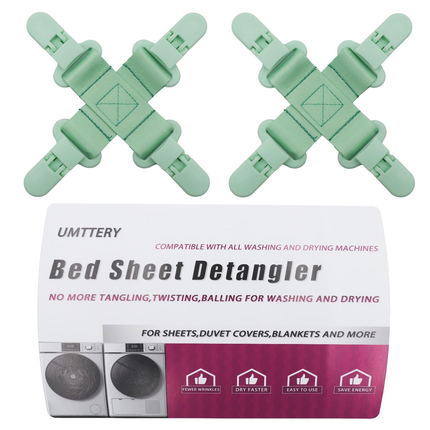 Umttery Bed Sheet Detangler, Keep Bed Sheets/Duvet Covers/Blankets from Tangling, Twisting & Balling in Washer and Dryer, 4 pcs(Green)