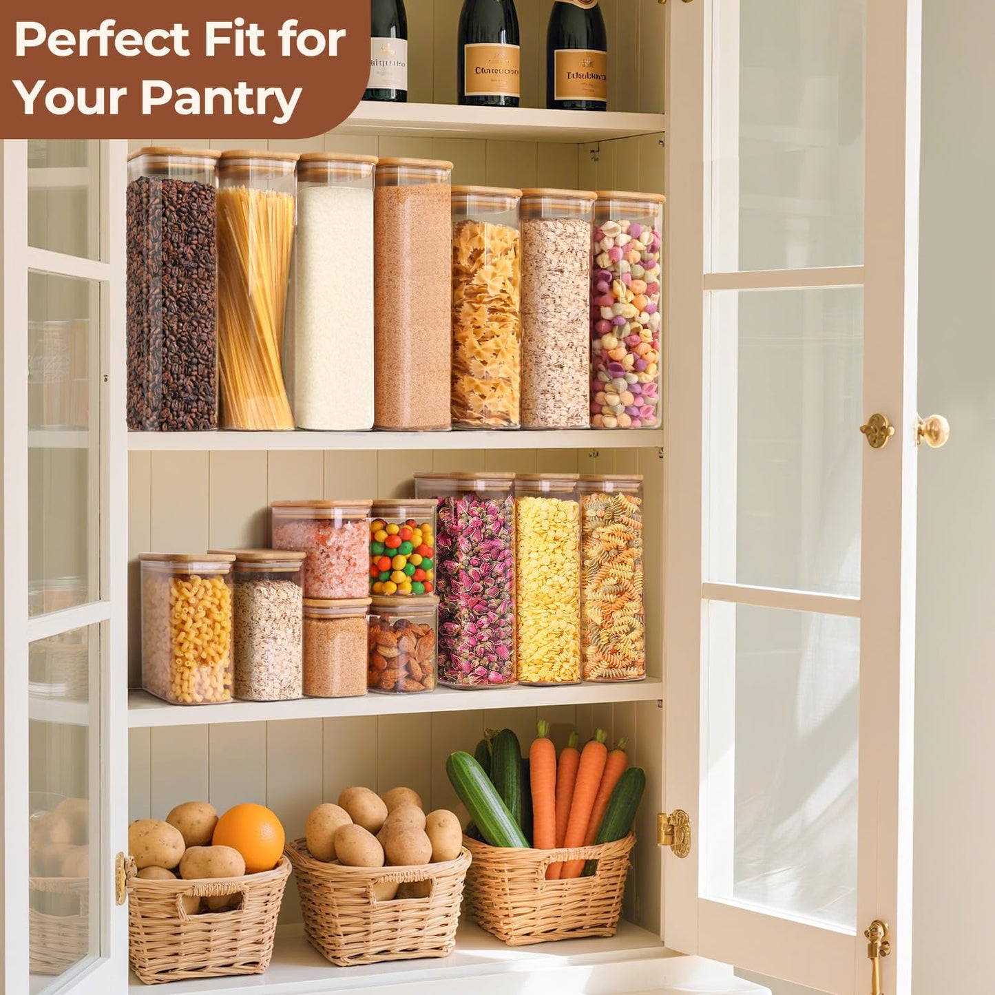 ComSaf 1.7L Rectangle Glass Containers with Lids, Glass Jars with Bamboo Lids, Clear Food Storage Jar, Cereal Storage Containers, Pantry Storage for Brown Sugar Pasta Flour Oats Nuts Tea