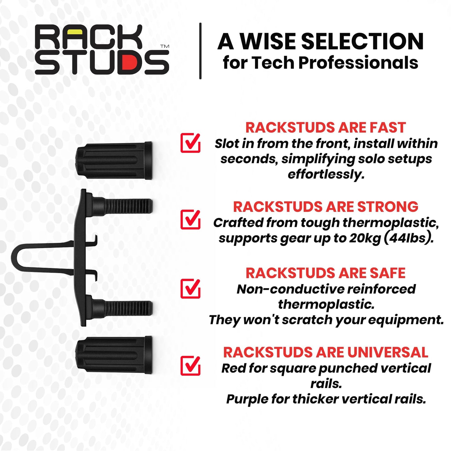 Rackstuds DUO20 1RU Series II Rack Mount Solution - Effortless Alternative to Traditional Rack Screws and Cage Nuts & Server Rack Screws Ideal for Server Hardware Setup - 20-Pack, Universal Version