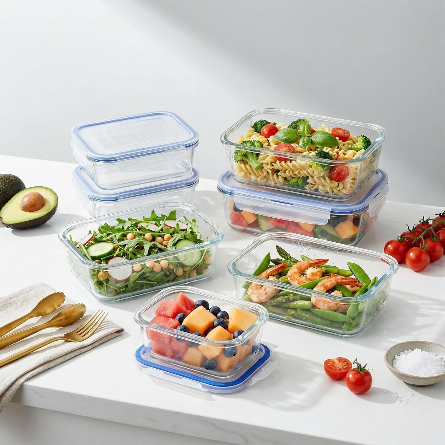 Stelive 10 Pack 1040ML Glass Food Storage Containers, Glass Meal Prep Containers, Airtight Lunch Bento Box with Leakproof Lids for Kitchen Storage & Organisation, for Microwave, Oven & Freezer