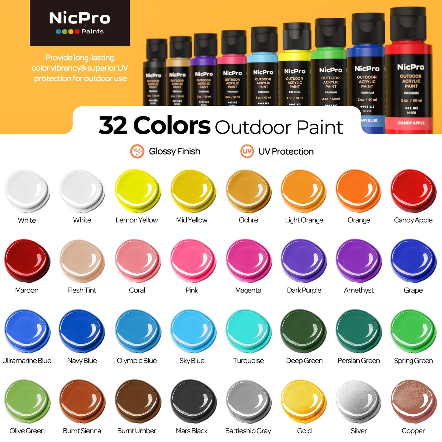 Nicpro 32 Colors Outdoor Acrylic Paint Bulk with Brush and Sponge, Knife, Non-Toxic Exterior Art Paint for Multi-surface Rock, Wood, Fabric, Leather, Ceramic, Canvas, Metal, Shoes and Wall Painting