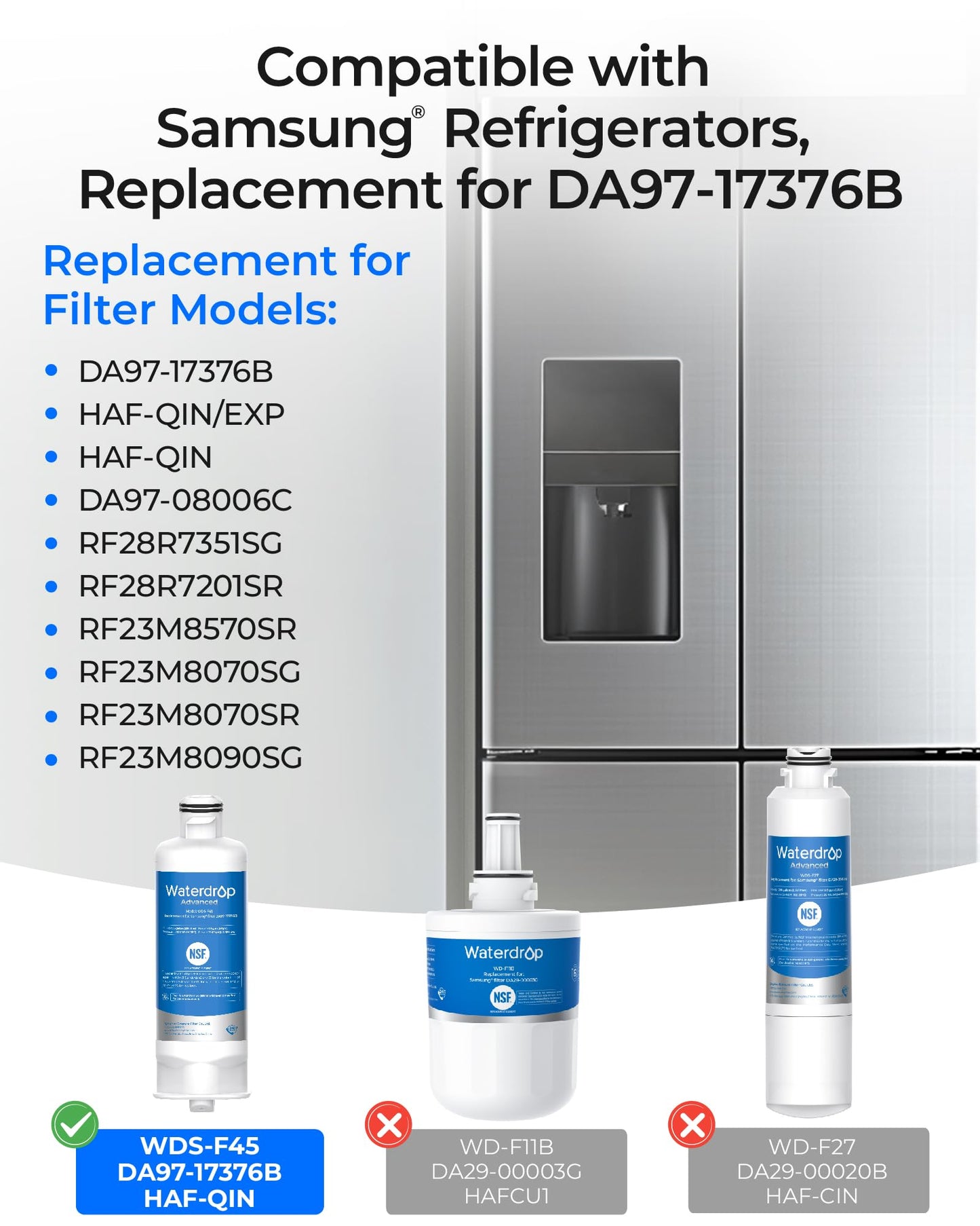 Waterdrop WDS-F45 NSF 53 & 42 Certified Compatible with Samsung® HAF-Qin/EXP, HAF-Qin, DA97-17376B, DA97-08006C, Refrigerator Water Filter, 3 Pack
