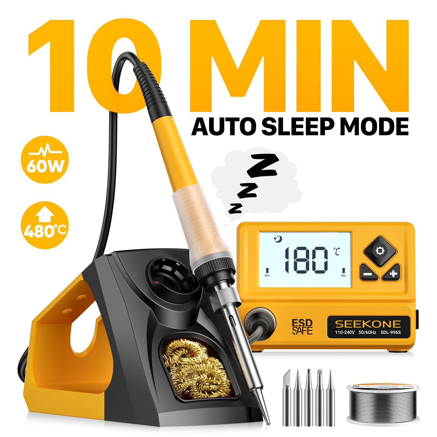 SEEKONE 60W Soldering Station 180℃ - 480℃（352°F - 896°F）Soldering Iron Station with 5 Extra Iron Tips, ESD Safe, 3 Preset Channels, °C/ºF Conversion, Auto Sleep, Calibration Support & Power-on Memory