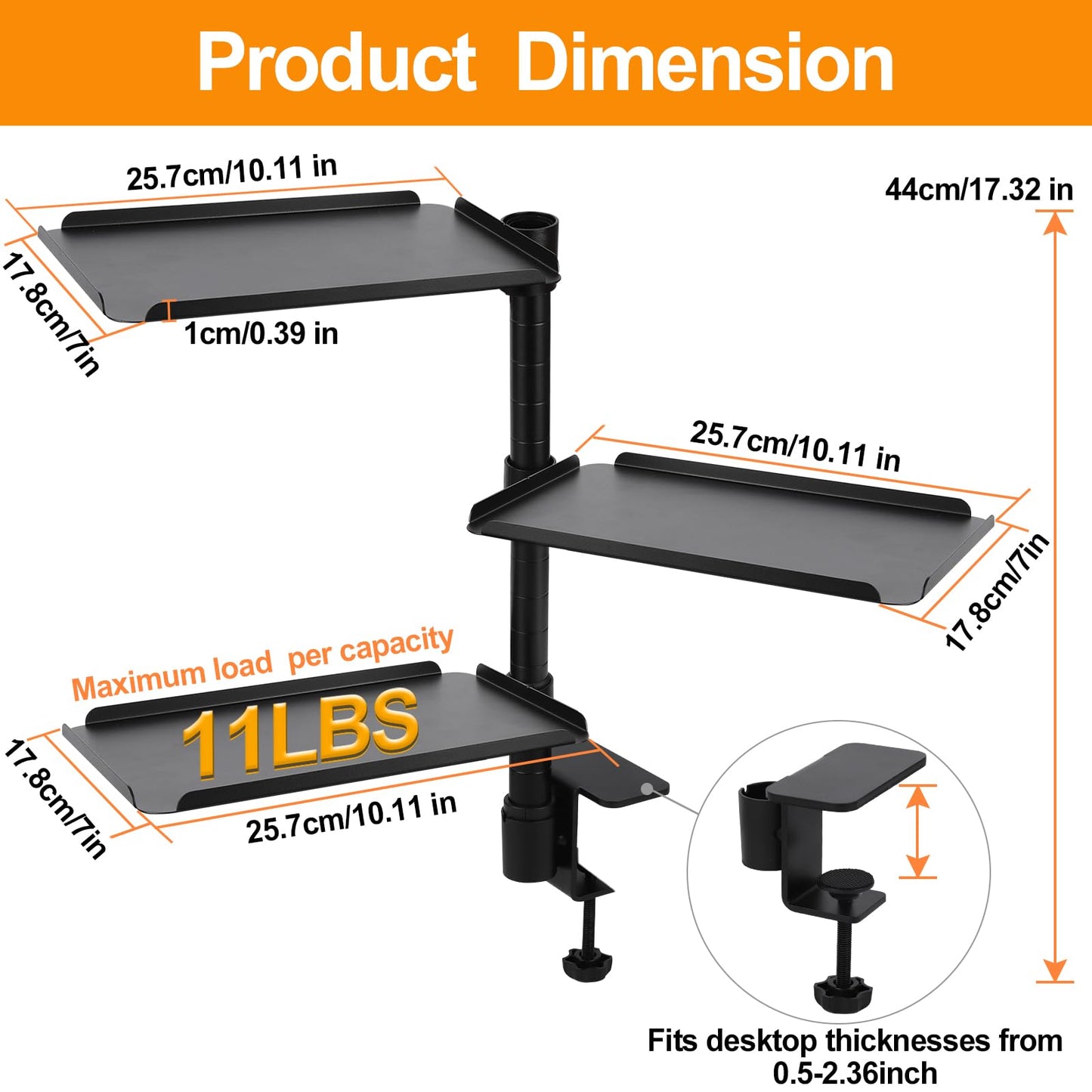 FBOAZI 3 Tier Clamp On Desk Shelf，Adjustable Above or Under Desktop Organizer ，360° Rotatable Carbon Steel Storage Tray for Home Office and Gaming Accessories（Black）