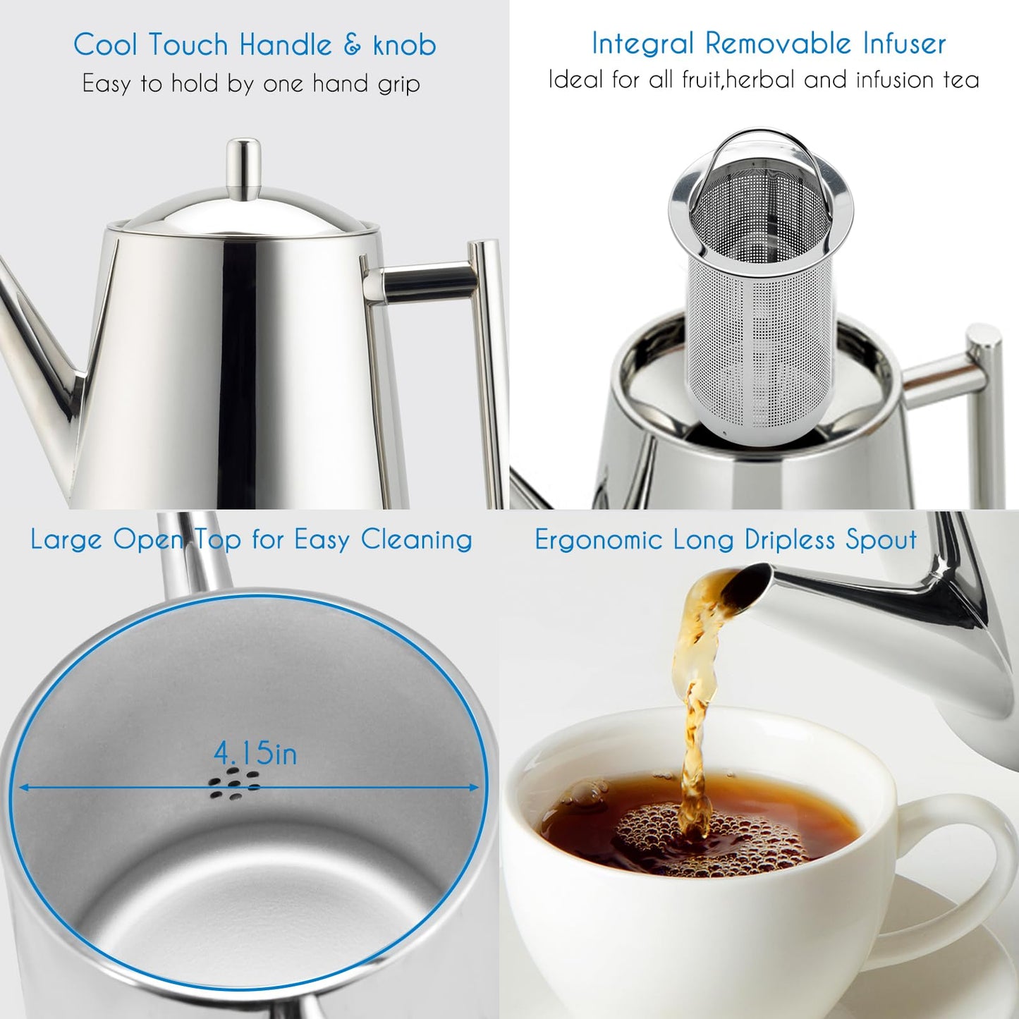 Easyworkz Stainless Steel Double Wall 34 oz (1000ml) Tea Pot with Removable Tea Infuser, Perfect for Brewing Your Favorite Tea, Chrome