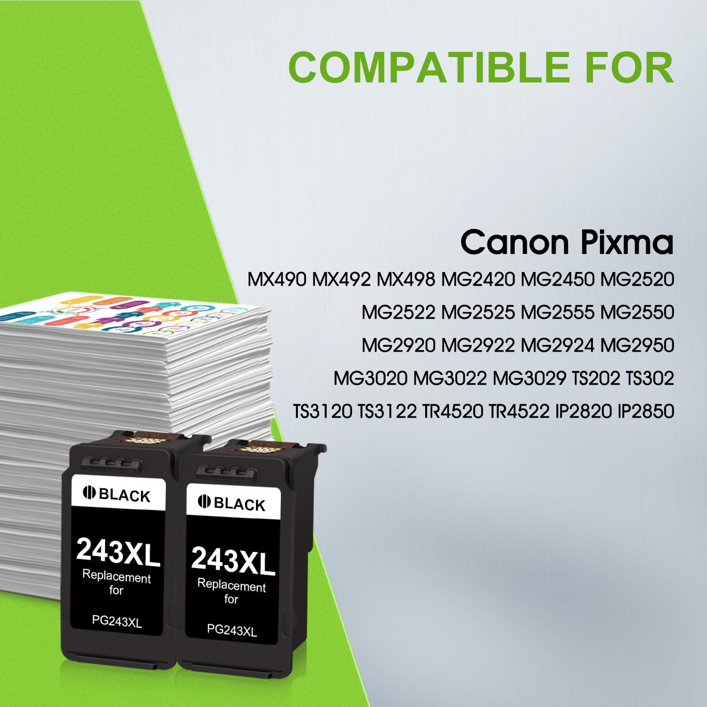 PG-243XL Black Ink Cartridges Replacement for Canon 243 243XL Value Pack Work with PIXMA MX492 TS3429 TS3420 MG3022 MG2522 MG2922 MG2920 TS202 TR4527 TR4520 TR4522 Printer (2 Black)