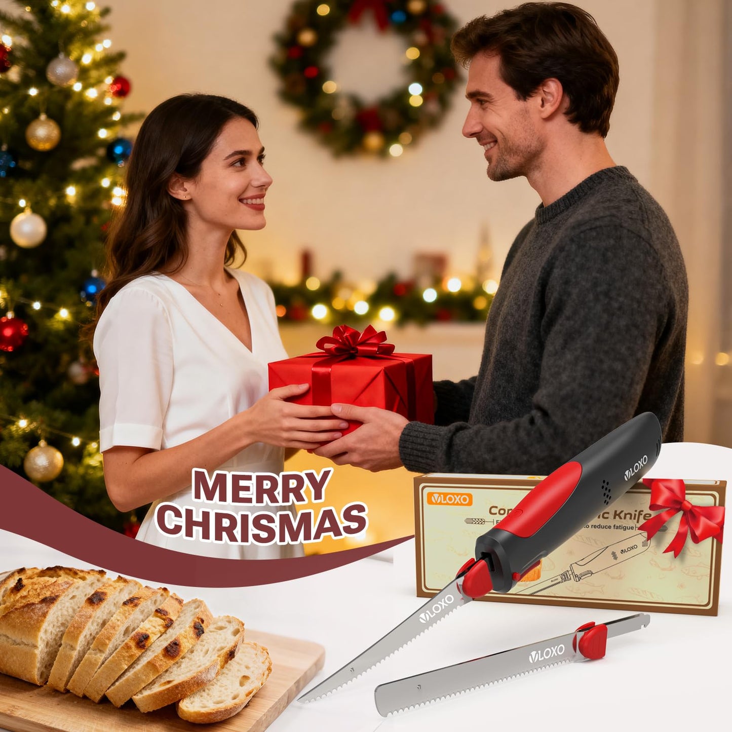 VLOXO Cordless Electric Knife for Bread and Meat Slicing, Rechargeable Electric Carving Knife with Safety Lock & 2 Reciprocating Blades, Ergonomic Anti-Slip Meat Cutter for Turkey, Fish Fillet, Steak