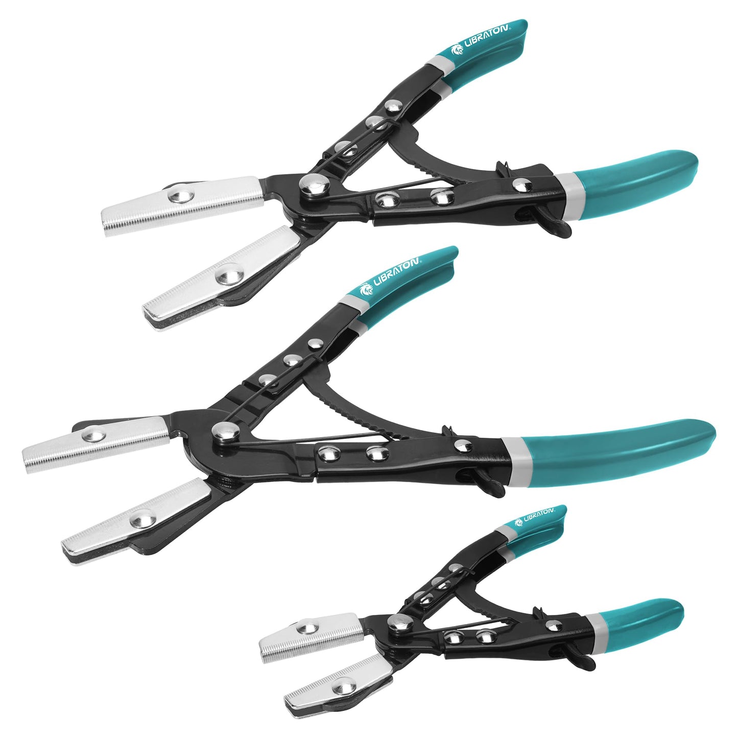 LIBRATON 3PCS Ratchet Hose Pliers Set, Automotive Pinch Pliers, Clamp Tool for Fuel, Flexible, Radiator Hoses - 8" 10" 12" With Storage Bag