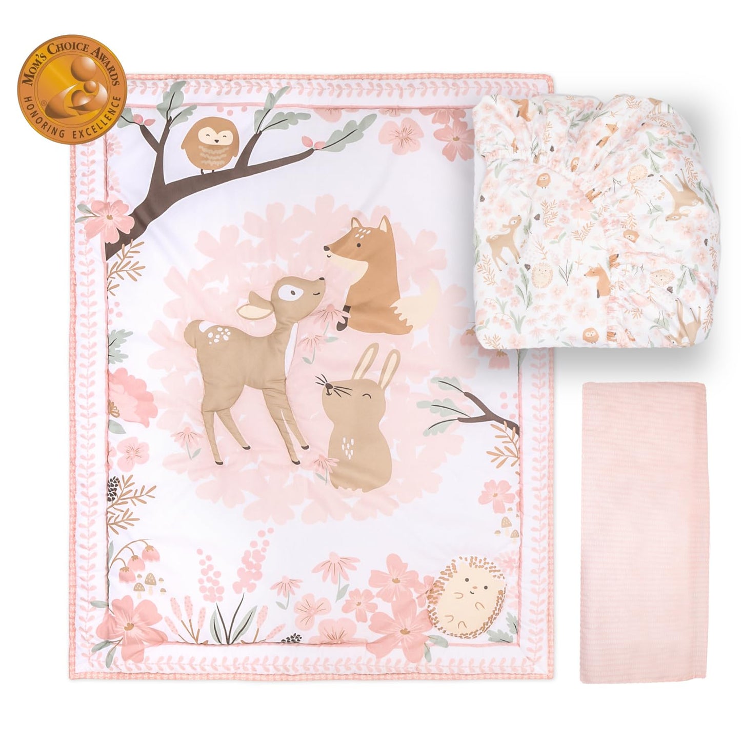 The Peanutshell 3 Piece Baby Crib Bedding Set for Girls - Newborn, Infant & Toddler Nursery Bed Set Decor with Fitted Crib Sheet, Dust Ruffle Comforter - Fairytale Forest