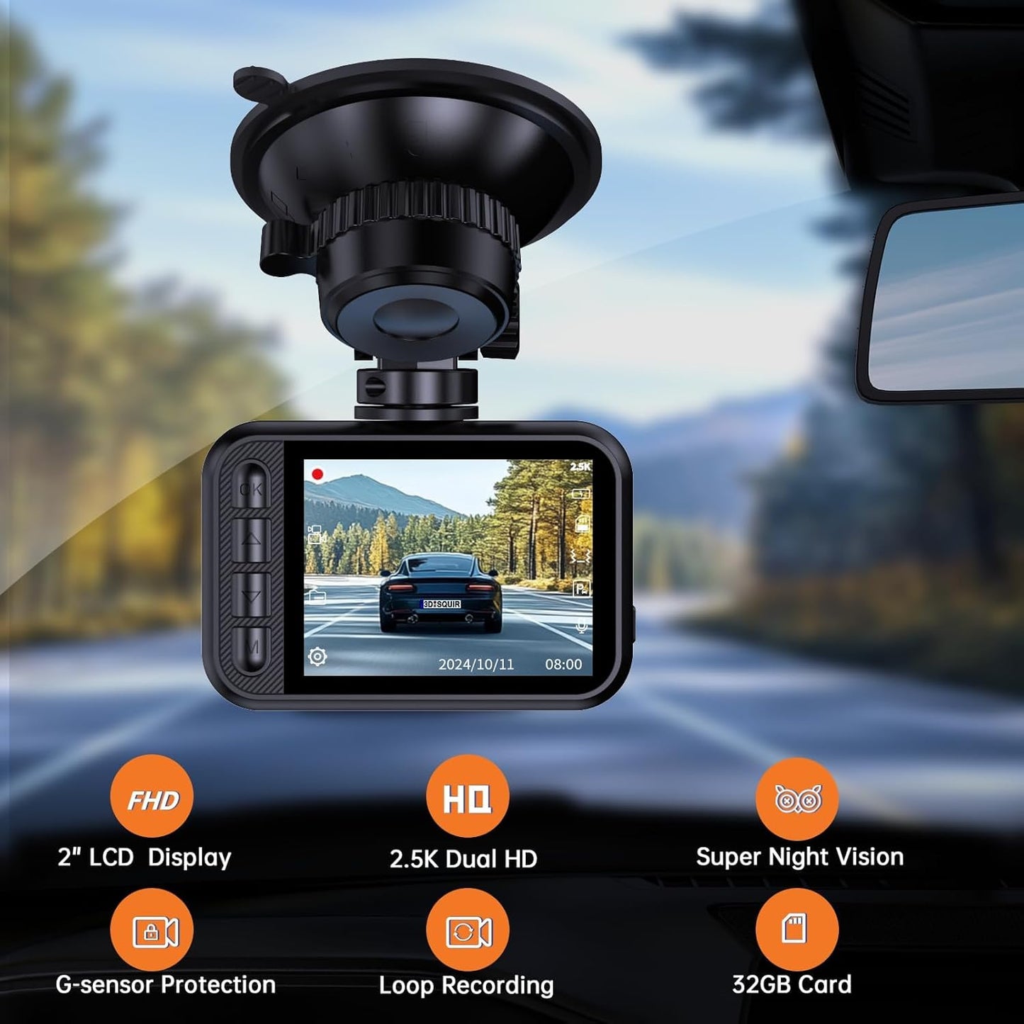 Dash Cam Front and Rear Camera, 2.5K+1080P QHD Dual Channel Dashcam for Cars, Mini Car Camera, 2 inch IPS Screen, 32GB Card Included, WDR Night Vision, 24 Hours Parking Monitor, G-Sensor