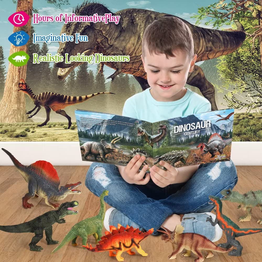 FRUSE Jurassic Dinosaur Toys,12 PCS Realistic Jumbo Dinosaur Figurines,Educational Dino Figure Playset w/Information Dino Book Easter Day Toy for Kids