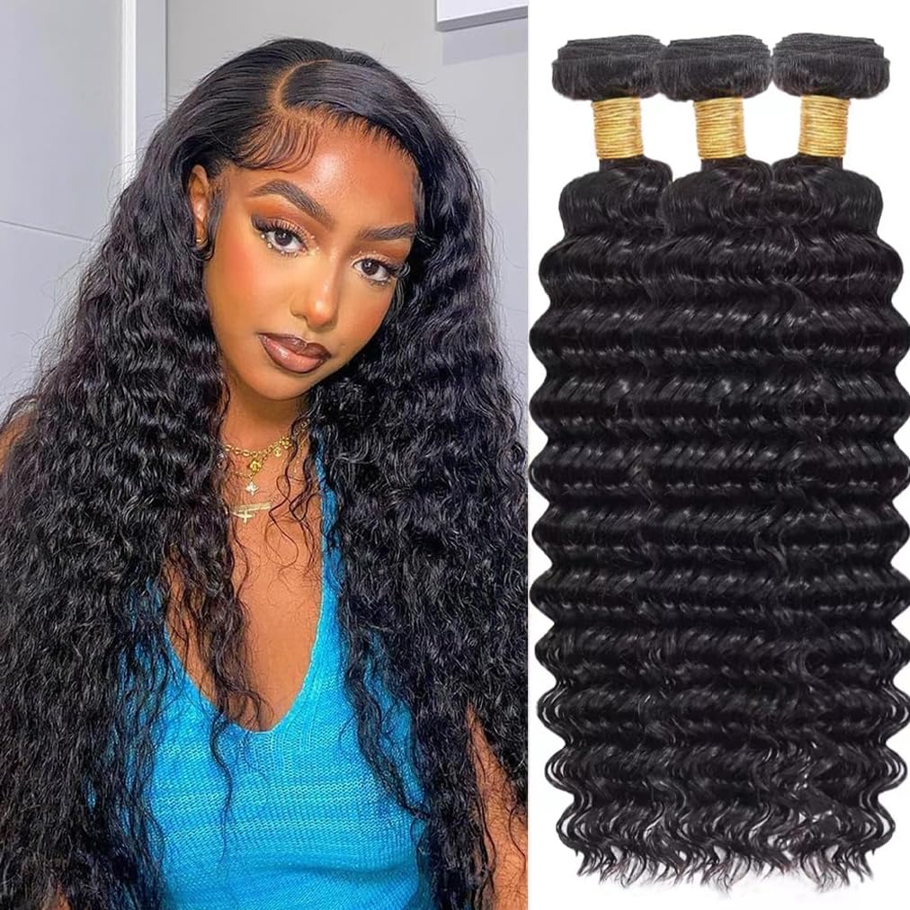 Human Hair Bundles Deep Wave 12 14 16 Inch Brazilian Virgin Curly Hair Extensions for Women 100% Unprocessed Bundles Human Hair Cheveux Humain Naturel Black 10A