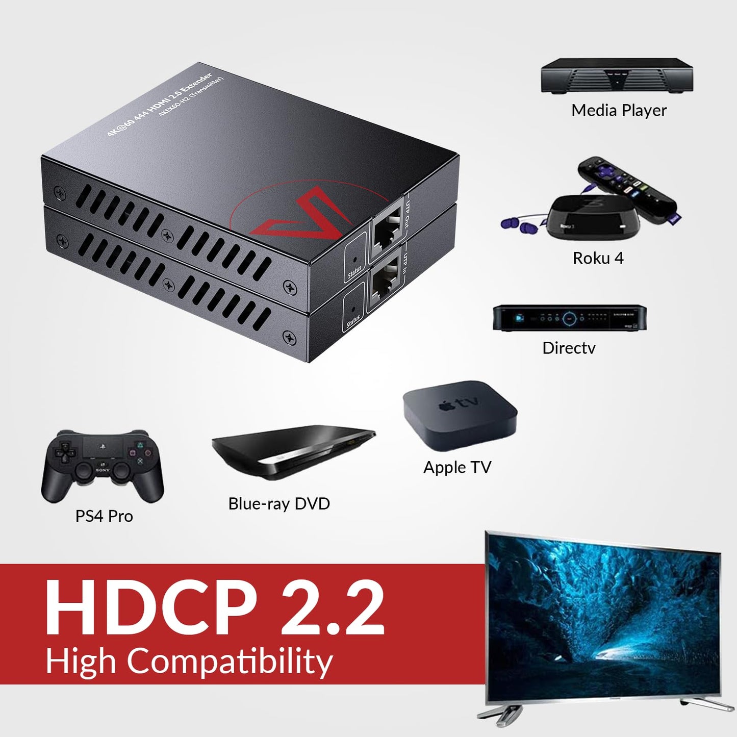 AV Access 4K HDMI 2.0 Extender Over Single Cat6/6a/7, 4K@60Hz up to 115ft, 1080P up to 164ft, HDR10+, YUV4:4:4, 3D, HDCP 2.2 18Gbps Zero Latency, Plug & Play, IR Return + PoC + CEC, Smart EDID