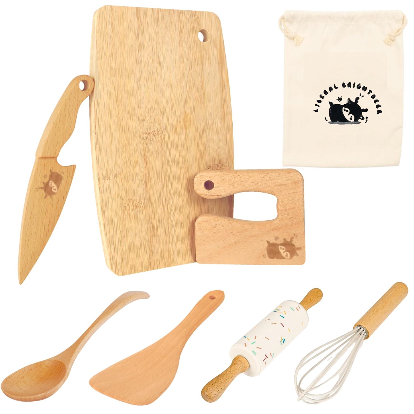 Liberal Brightdeer Wooden Kids Safe Knife and Kids Baking Set for Real Cooking, 8 PCS Toddler Montessori Kitchen Tools, Cooking and Baking for Kids Little Chefs