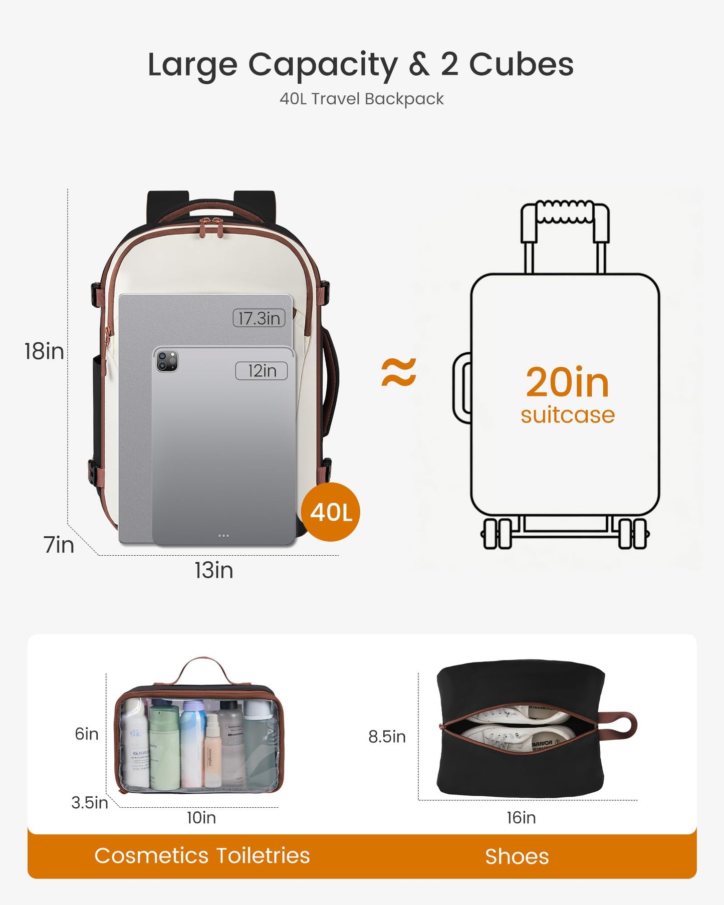 LOVEVOOK Travel Laptop Carry on Backpack for Women Airline Approved Personal Item Bag,3Pcs, White & Brown & Black, 40L-4PCS, Travel Backpacks