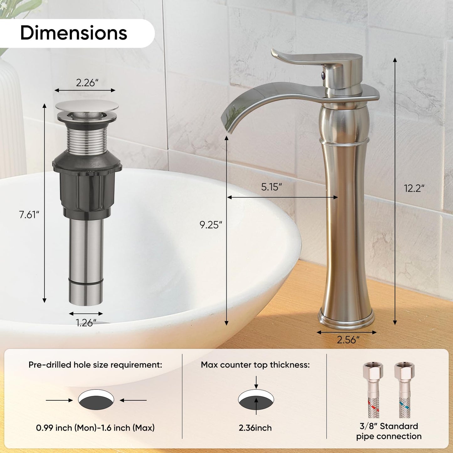 Bathlavish Bathroom Vessel Sink Faucet Waterfall Single Handle One Hole Tall Bathroom Faucets Deck Mount Lavatory Matching Pop Up Drain Without Overflow, Brushed Nickel