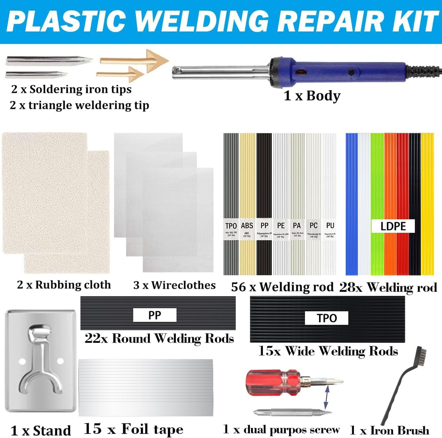 100W Plastic Welding Kit, 110V Plastic Welder Soldering Iron Kit with 121pcs Rods, Professional Surface Repair Tool for Car Bumper with 4 Welding Tips,Patch Net,Hot Iron Stand,Wire Brush,Metal Stand