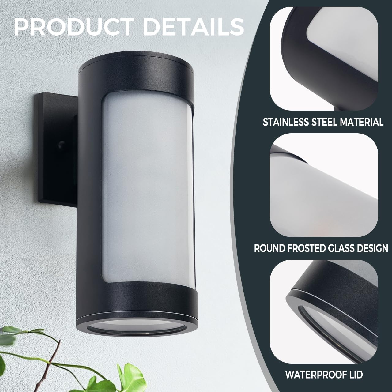 Cerdeco Black Outdoor Wall Lights,Cylinder Stainless Steel Porch Light with Frosted Glass,Modern Outdoor Wall Sconces,2 Pack