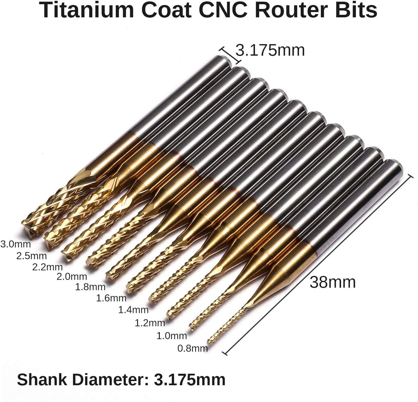 40pcs End Mills CNC Router Bits, 1/8" Shank, 6.35mm Cutting Diameter, 2-Flute Ball Nose End Mill, Titanium Coat, MC40A