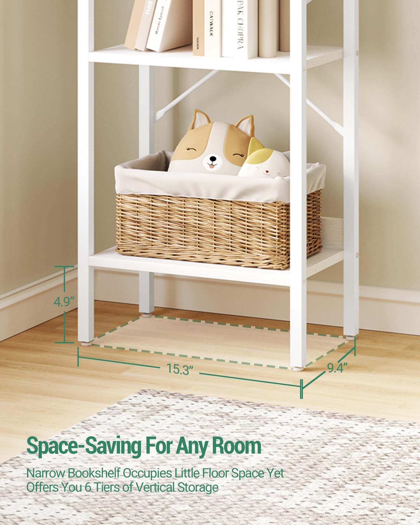 Hzuaneri Bookshelf, Book Shelf, Industrial Bookcase with 2 Hooks, Coner Shelf Storage Organizer for Home Office, Living Room, Bedroom, Kitchen, 6-Tier White BC10713W
