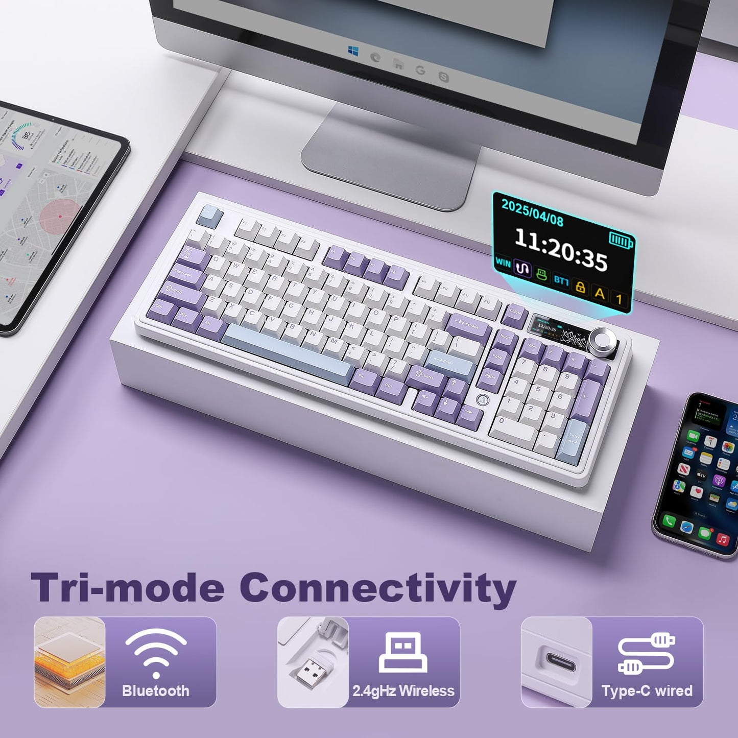 MIKIBY AJAZZ AK980 Mechanical Gaming Keyboard with Smart Display & Knob,98% Wireless Keyboard Tri-Mode BT/2.4G/USB-C, Hot Swappable, PBT Keycaps, with RGB Light for Win & Mac(Purple,Murad Switch)