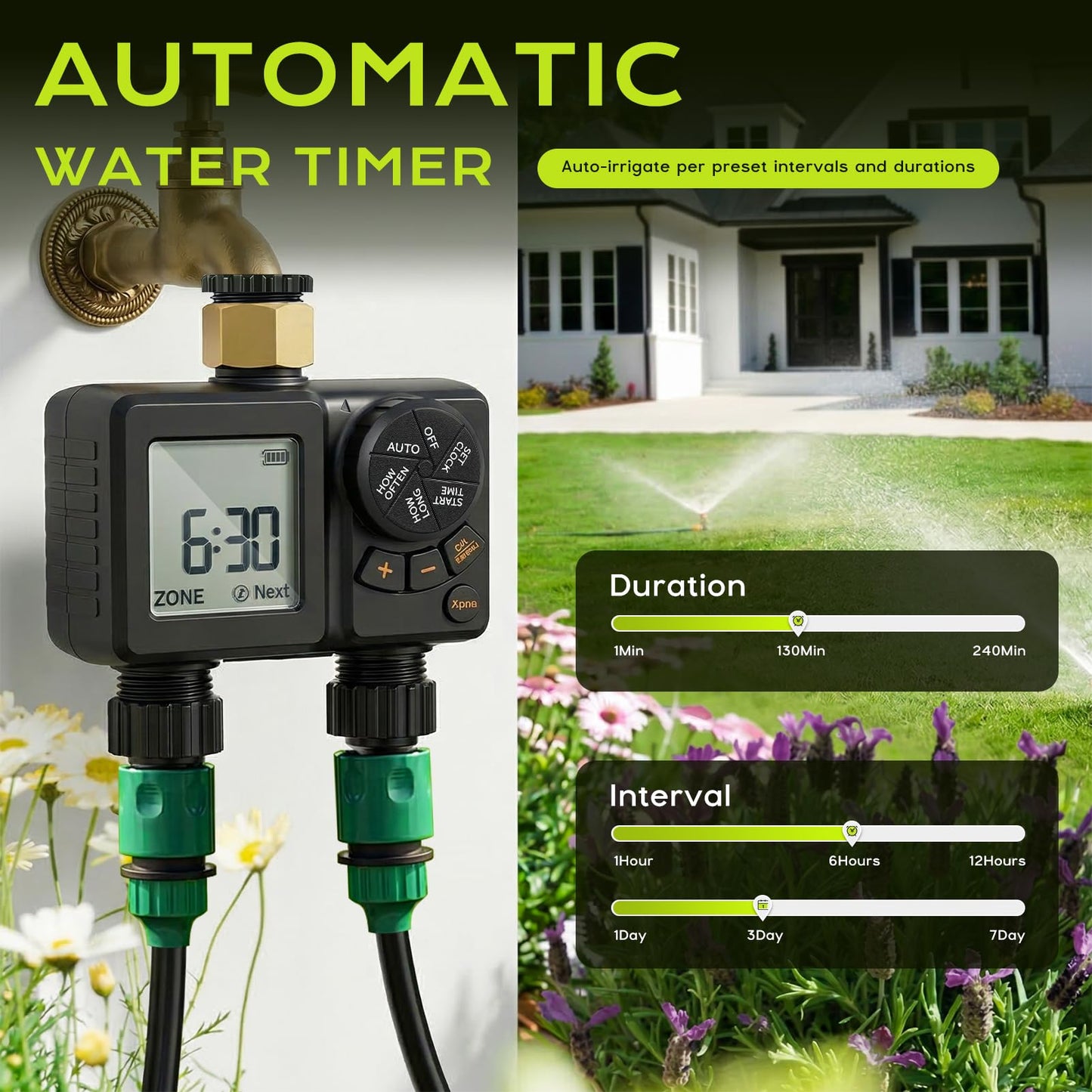 2 Zone Water Timer for Garden Hose, 2000mAh Rechargeable Sprinkler Timer with Brass Inlet, 2.8" LCD, IPX6 Waterproof, Rain Delay/Manual/Auto Mode, Hose Timer for Drip Irrigation Lawn Watering System