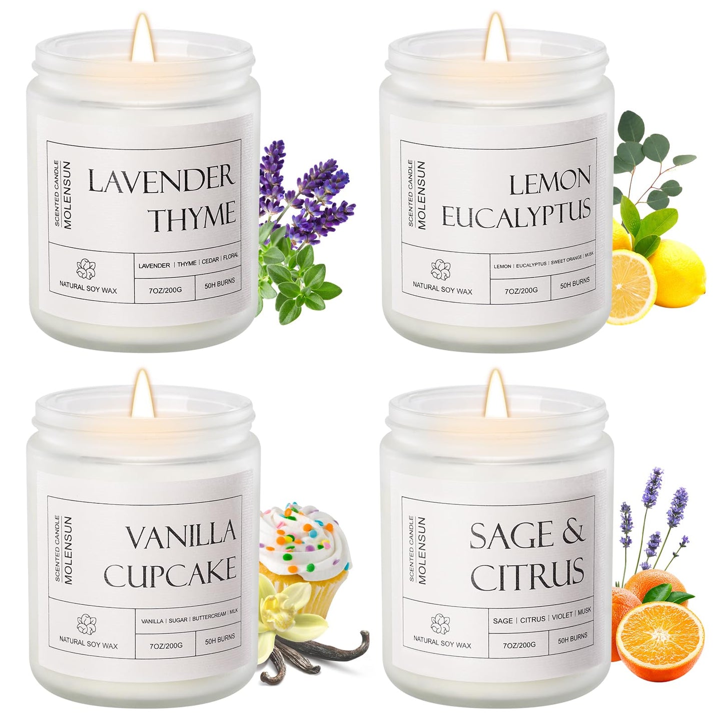 4 Pack Candles for Home Scented, 28 oz 200 Hour Long Lasting Candles, Aromatherapy Jar Candle Set, Soy Candles Gift for Women, Scents of Lavender Thyme/Lemon Eucalyptus/Sage &Citrus/Vanilla Cupcake