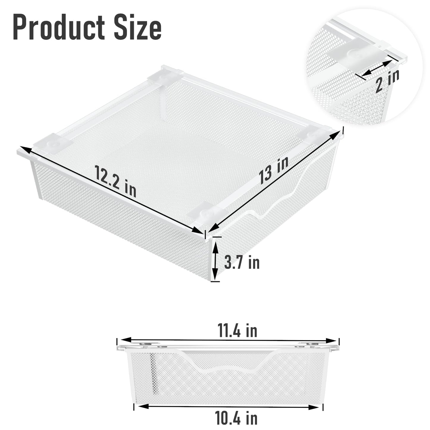 Under Desk Drawer 2 Pack White Under Table Storage Drawers Organizer Adhesive Slide Out Mesh Drawer Under Table Slide Out Hidden Drawer Metal for Home Office