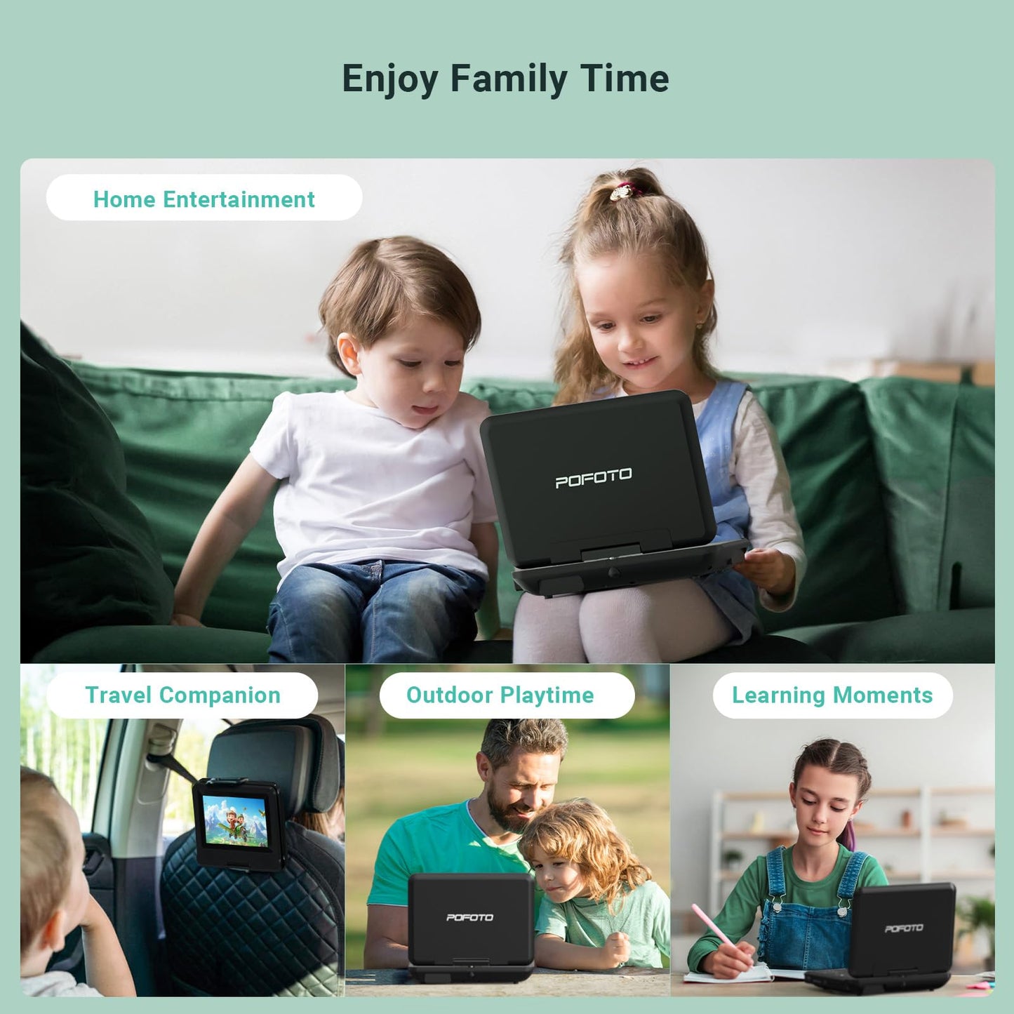 9.5" Portable DVD Player for Kids and Car with 7.5" Swivel Screen, 4-6 Hours Working Time, Car DVD Player with Dual Speakers, Remote Control, Support Sync TV, Region Free USB/SD/AV, Glossy Black