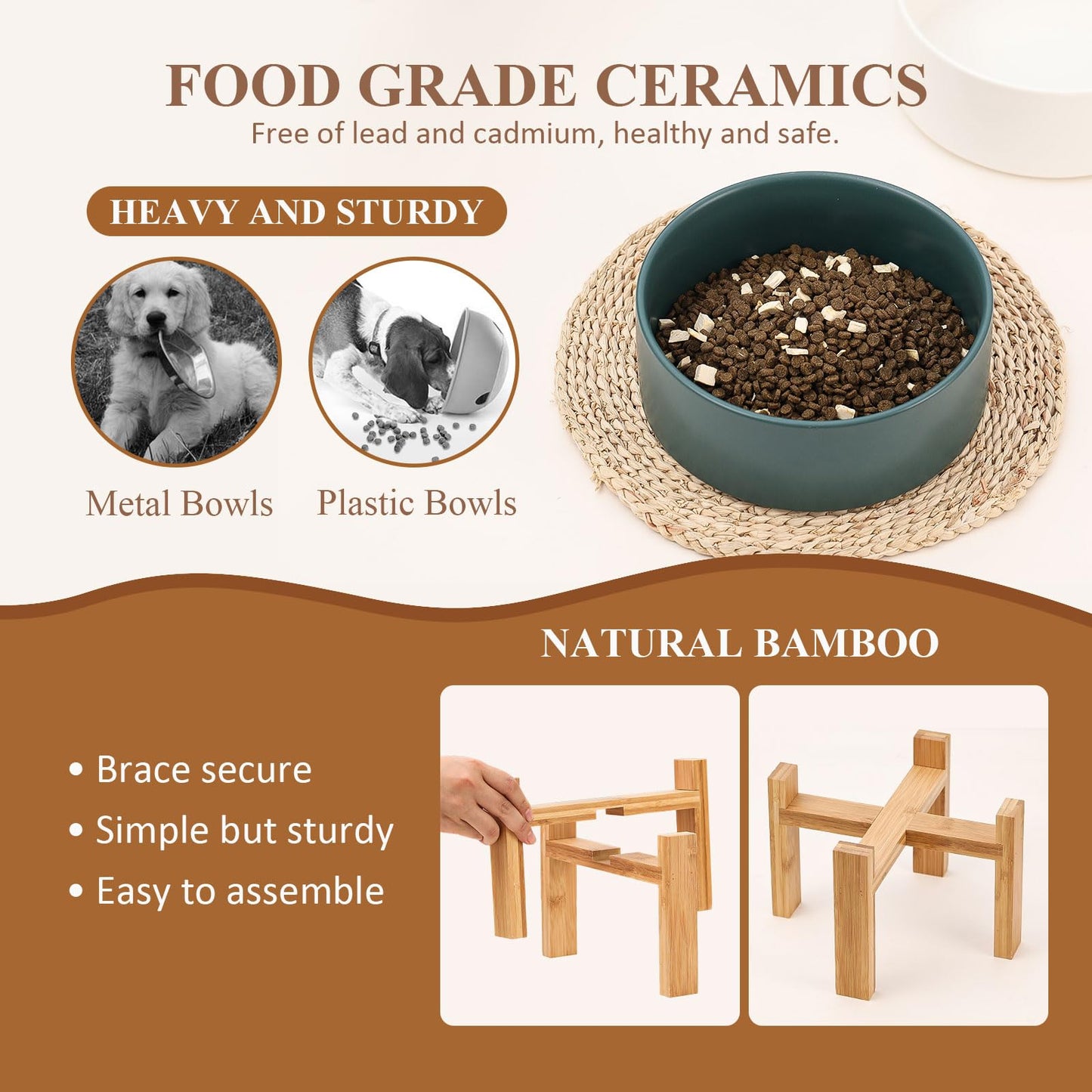 Elevated Dog Bowls for Large Dogs - Ceramic Raised Dog Bowl Stand - Dog Water Bowls and Food Dish - Heavy Weighted or No Tip Over Dog Comfort Food Bowls - Pet Bowl Extra High Capacity 8.4" Diameter