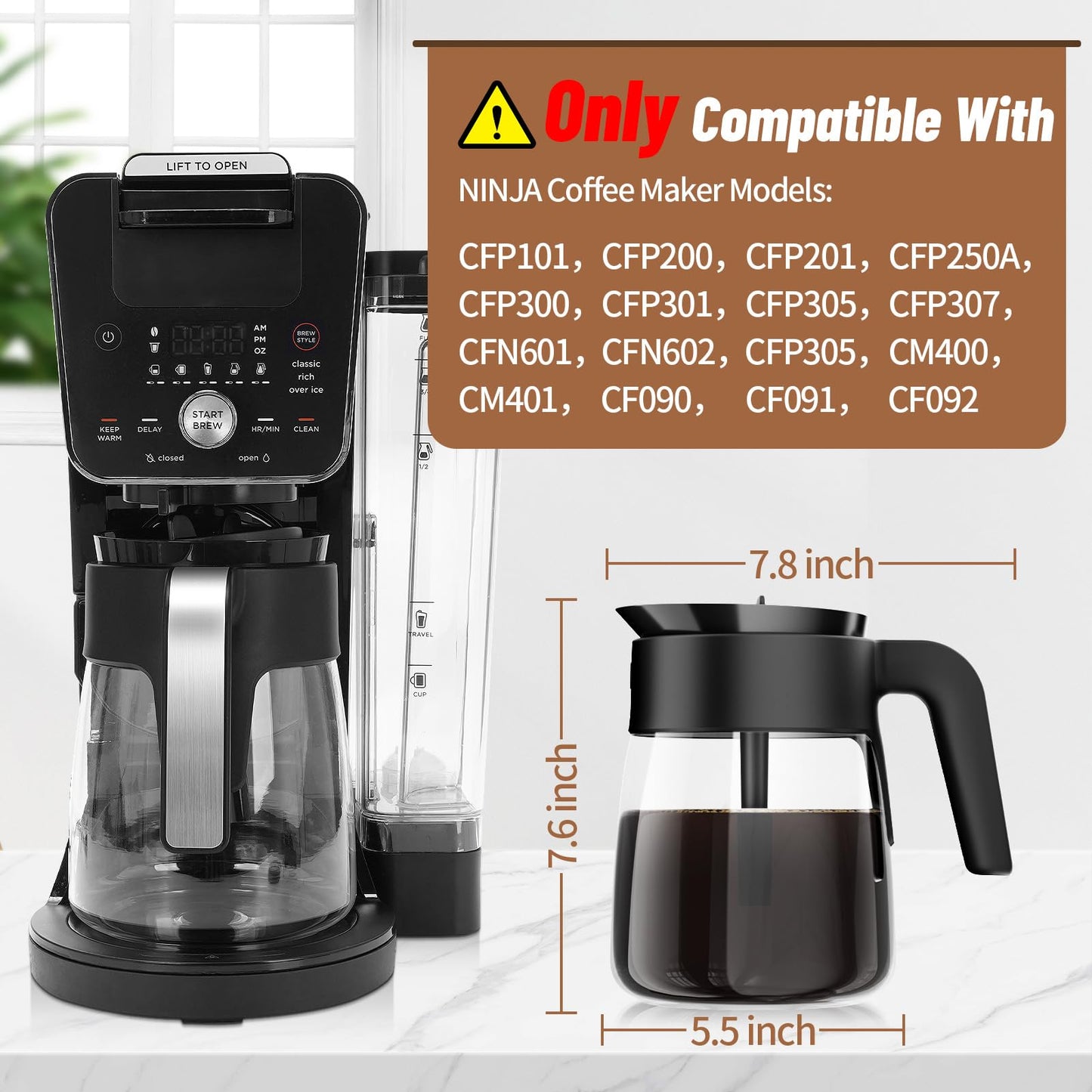 12 Cup Ninja Coffee Pot Replacement for CFP101 CFP201 CFP250A CFP300 CFP301 CFN601 CFP307, Glass Carafe With Brew-Through Lid and Sturdy Handle