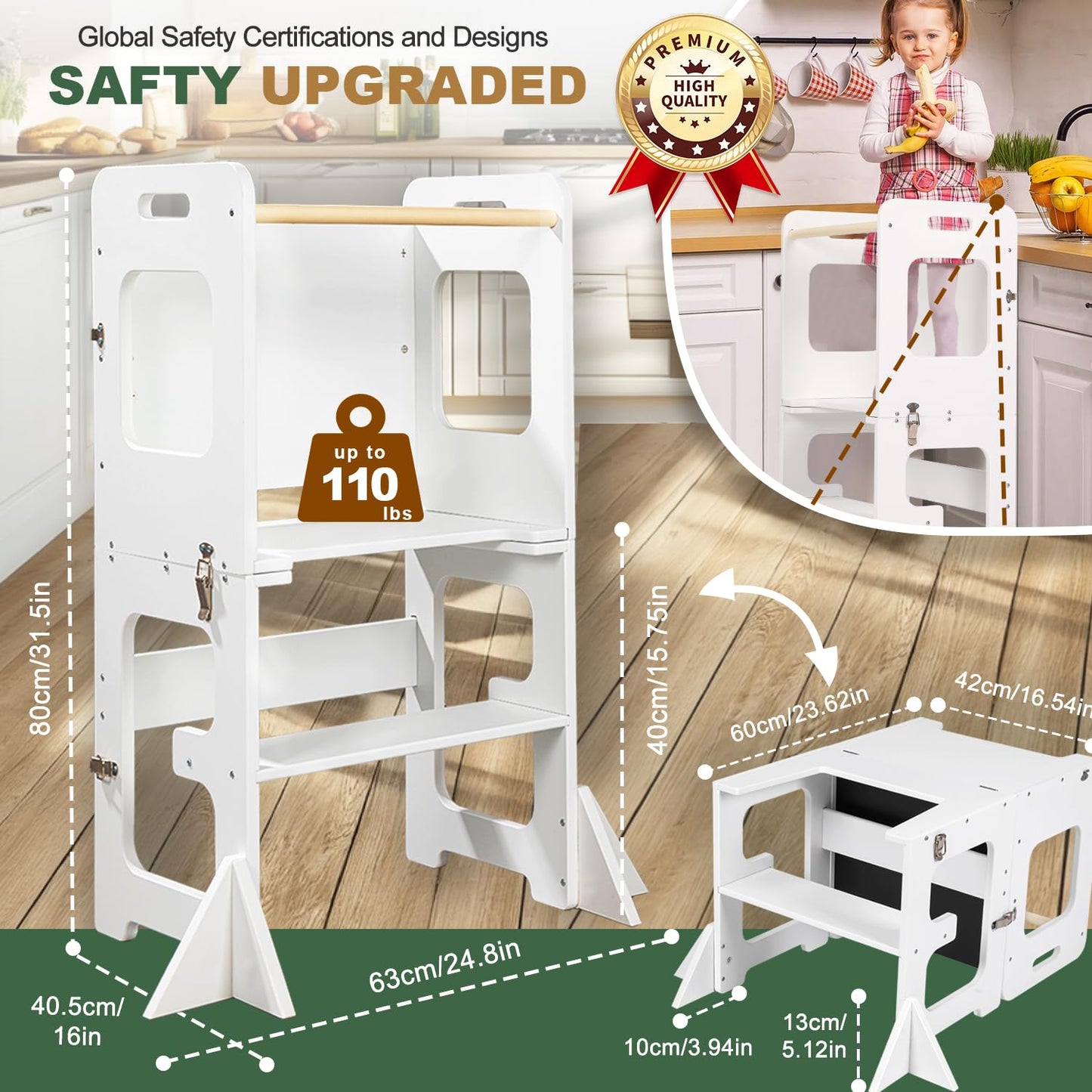 Toddler Standing Tower, Wooden Step Stool for Kids Learning Standing Tower 2-in-1 Kitchen Stool Helper with Chalkboard Montessori and Waldorf Helper for Livingroom Playroom (White Style)