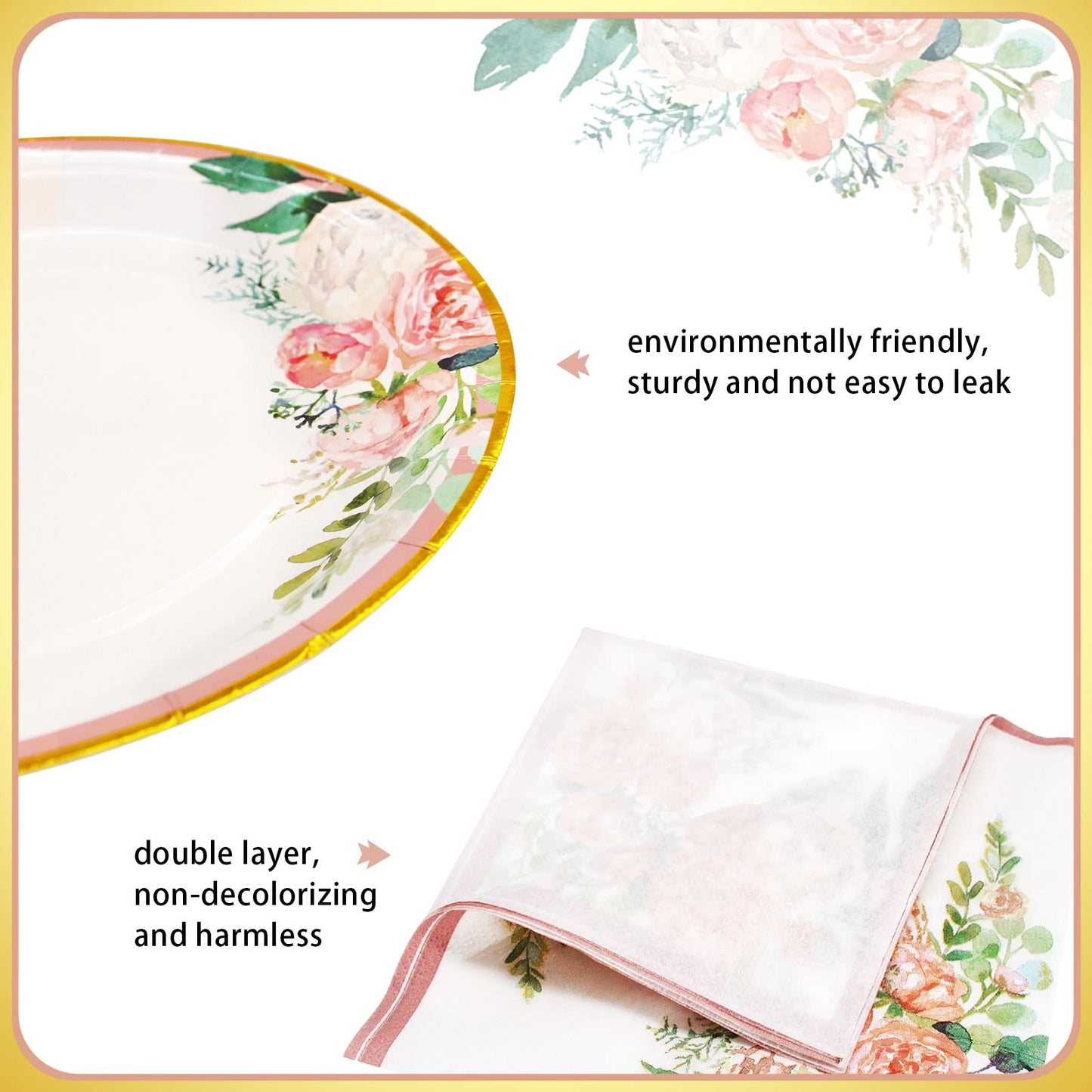 Boosolo Floral Party Supplies - Paper Plates and Napkins Sets for 50 Guests - Include Floral Party Disposable Paper Dinner Plates, Napkins for Baby or Bridal Shower, Birthday, Wedding