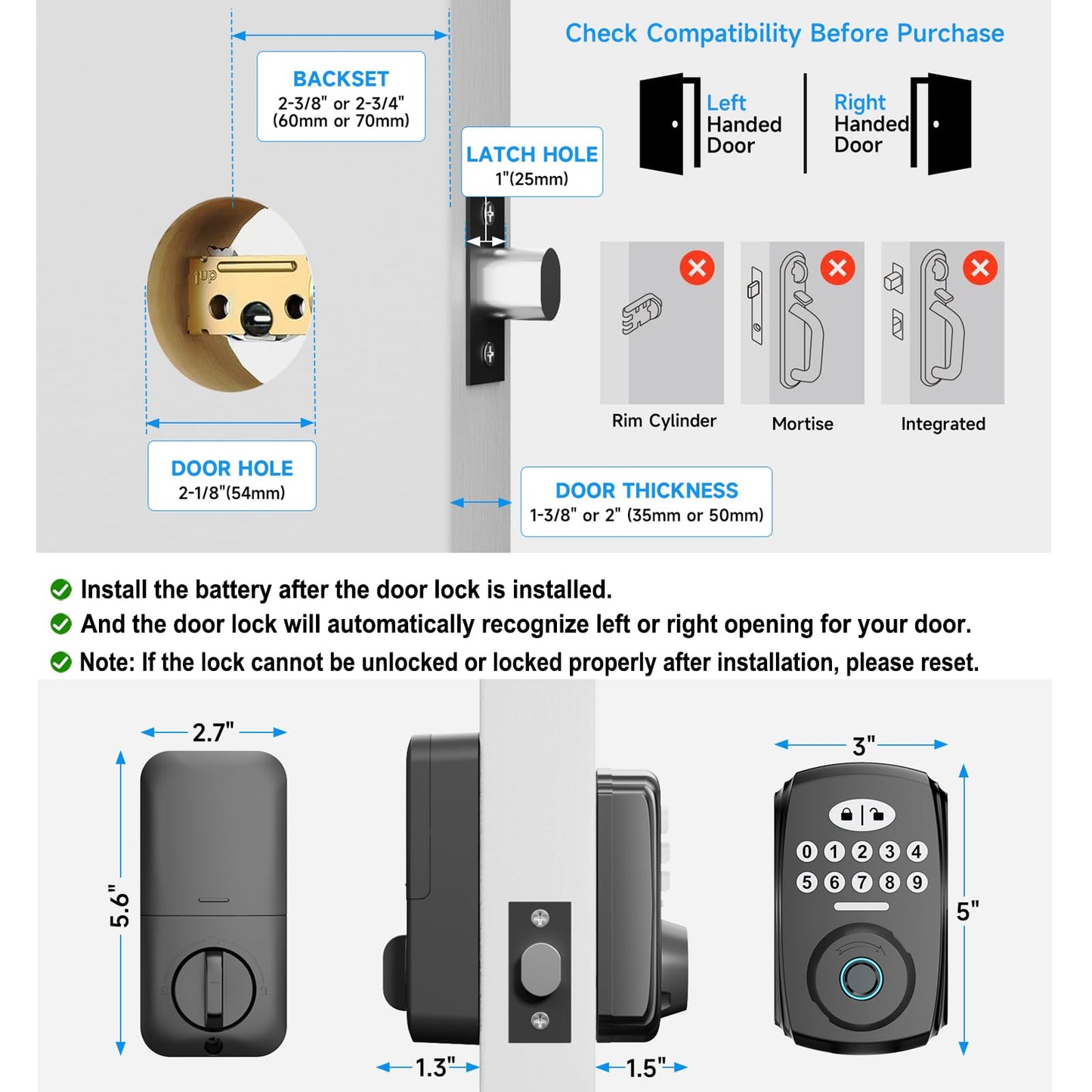 Keyless Entry Fingerprint Door Lock with 2 Lever Handles - PHYSEN Smart Deadbolt Set for Front Door - Electronic Digital Keypad Lock - Biometric- Auto Lock - Easy Installation - Matte Black