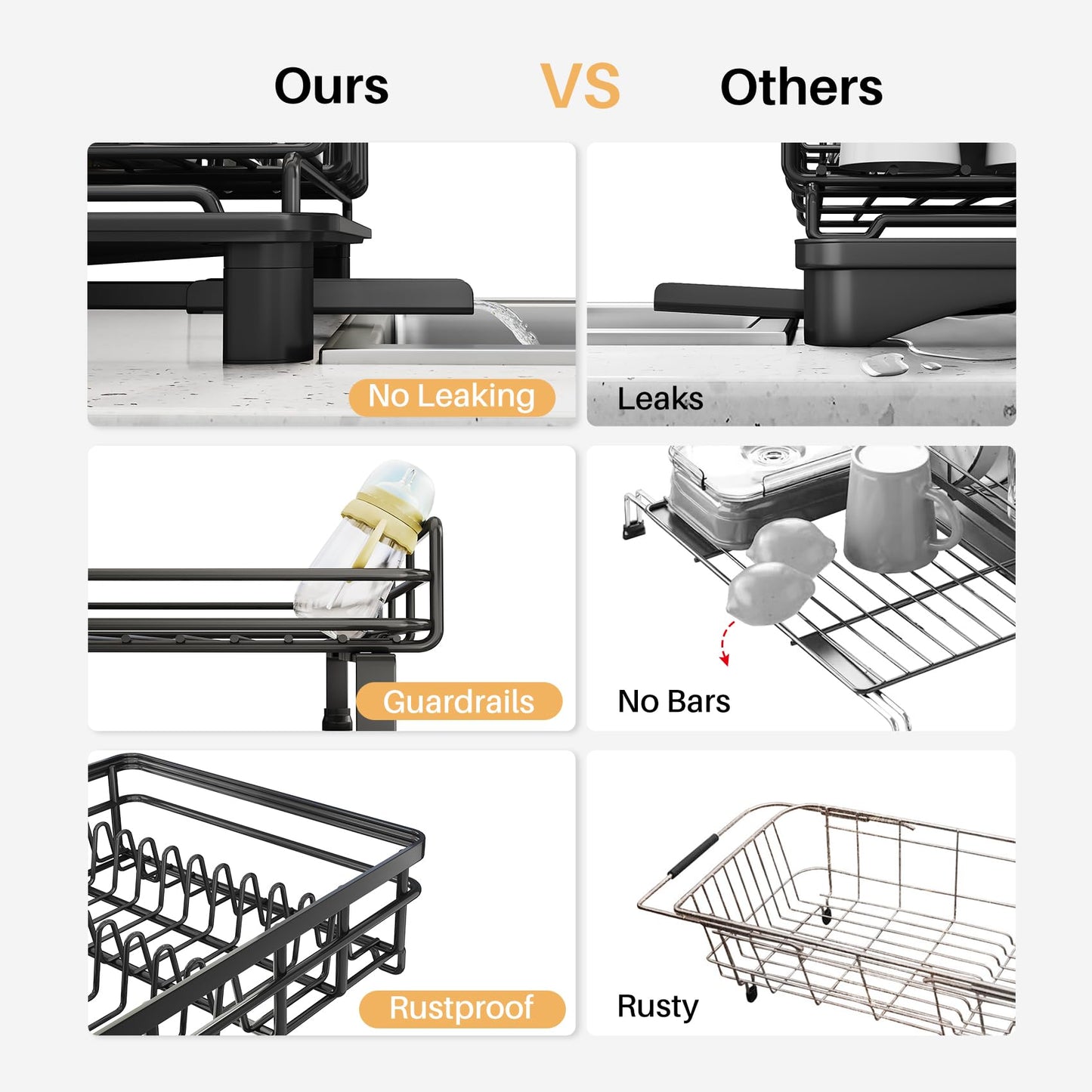 Dish Rack - Extendable Dish Rack, Large Sink Drying Rack for Countertop, Stainless Steel Dish Strainer with Utensil Holder (Black)