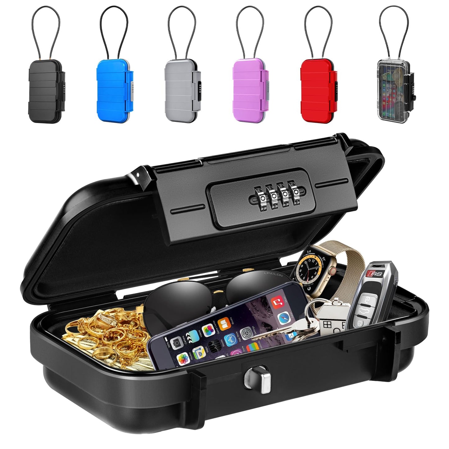 BKNOOU Travel Safe Portable Beach Safe Box Small Combination Safe Anti-Theft Lock Box Safe Waterproof Mini Security Case with Removable Wire Rope Security Box for Home,Office,Hotel,Cars,Travel (Black)