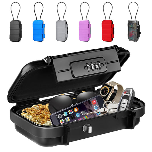BKNOOU Travel Safe Portable Beach Safe Box Small Combination Safe Anti-Theft Lock Box Safe Waterproof Mini Security Case with Removable Wire Rope Security Box for Home,Office,Hotel,Cars,Travel (Black)