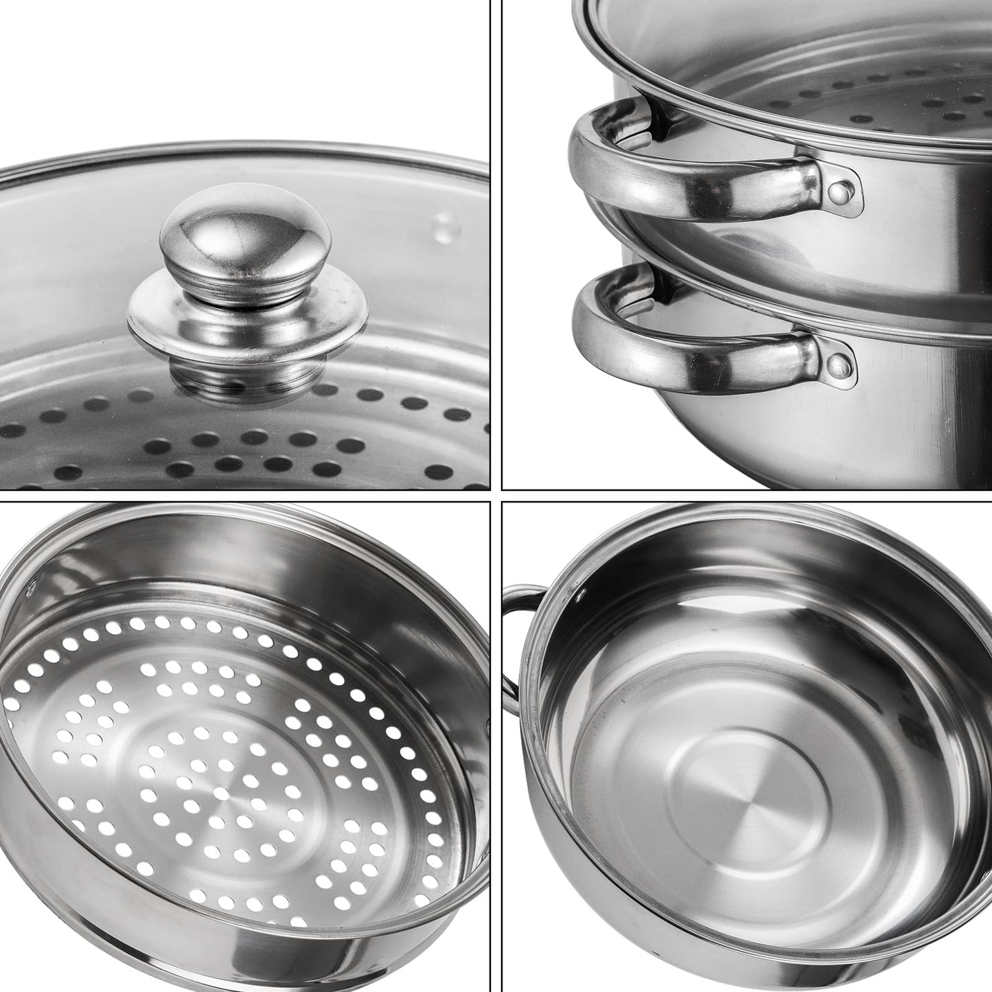ZENFUN Steamer Pot With Lid 2 Tier, Multipurpose Stainless Steel Steaming Pot, Steam Pots With Handle For Vegetable, Dumpling, Food, 11 Inch（Thickened）