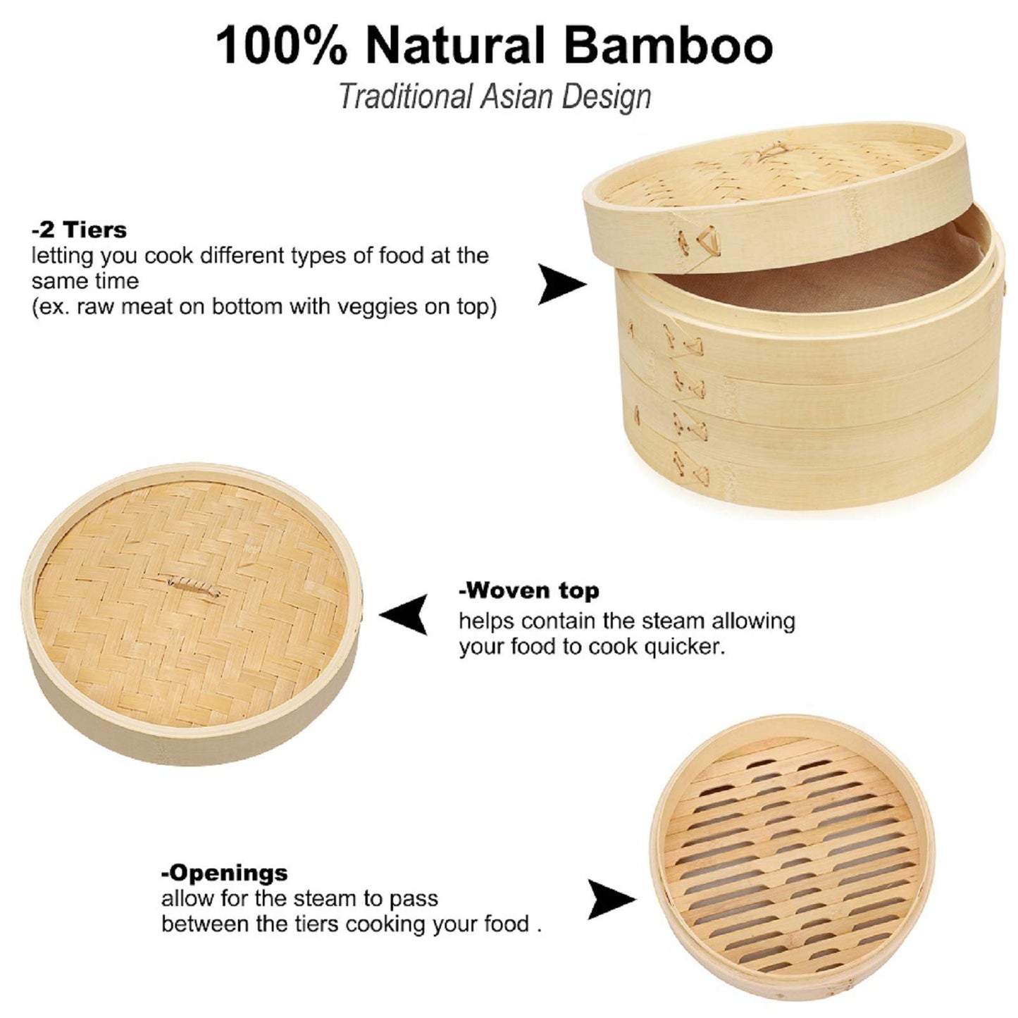 Bamboo Steamer 10 Inch, 2 Tier Steamer Basket & Lid, Dumpling Steamers, Dim Sum Chinese Steam Baskets with Round shape Mesh Non-stick Pad, Steaming for Vegetables, Bao Bun, Rice, Chicken, Fish & Meat