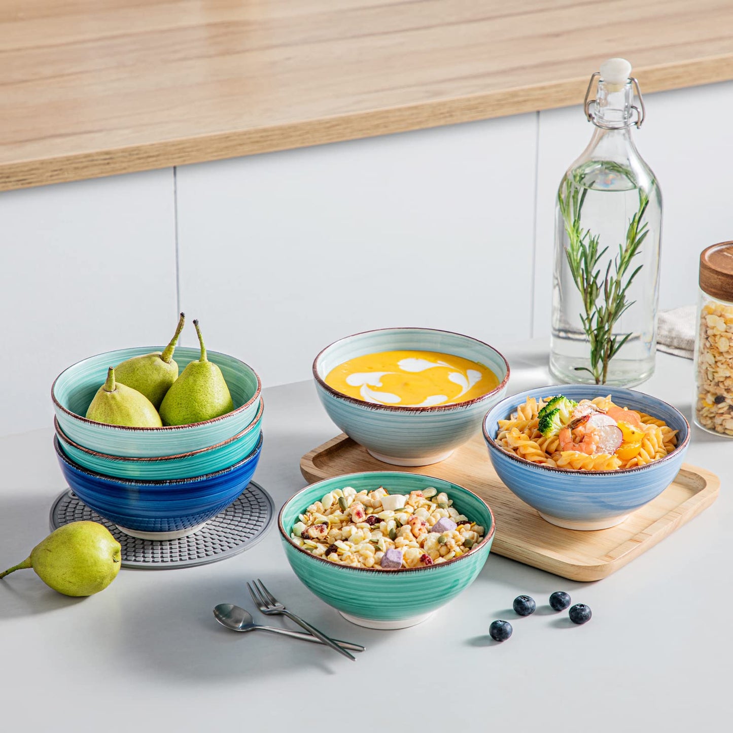 vancasso Bonita 27 Oz Cereal Bowls Set of 6, Blue Ceramic Bowls, 6 Inch Soup Bowls, Dishwasher & Microwave Safe