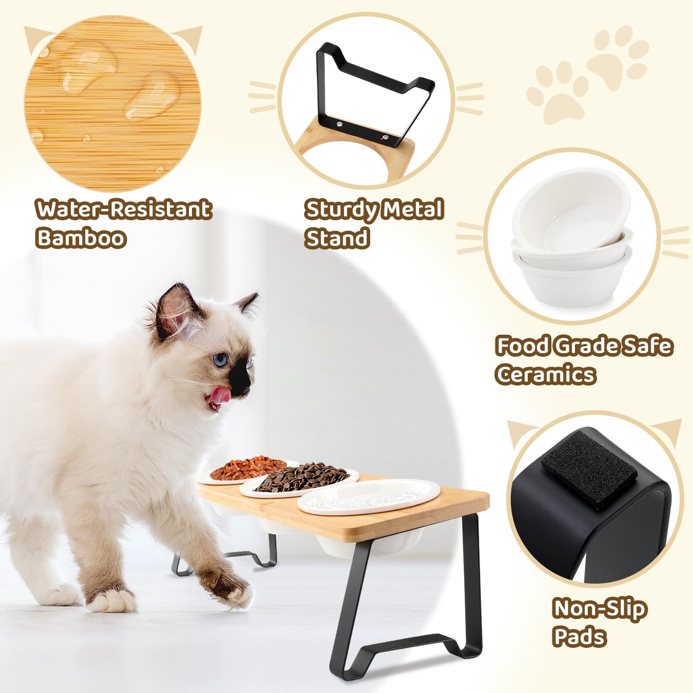 AUTOWT Elevated Cat Bowls, 15°Tilted Raised Cat Food Bowl with 3 Ceramic Dishes and Bamboo Stand Feeding Station Provides Optimal Eating Position, for Indoor Cats Pet Food and Water, Easy Assembly