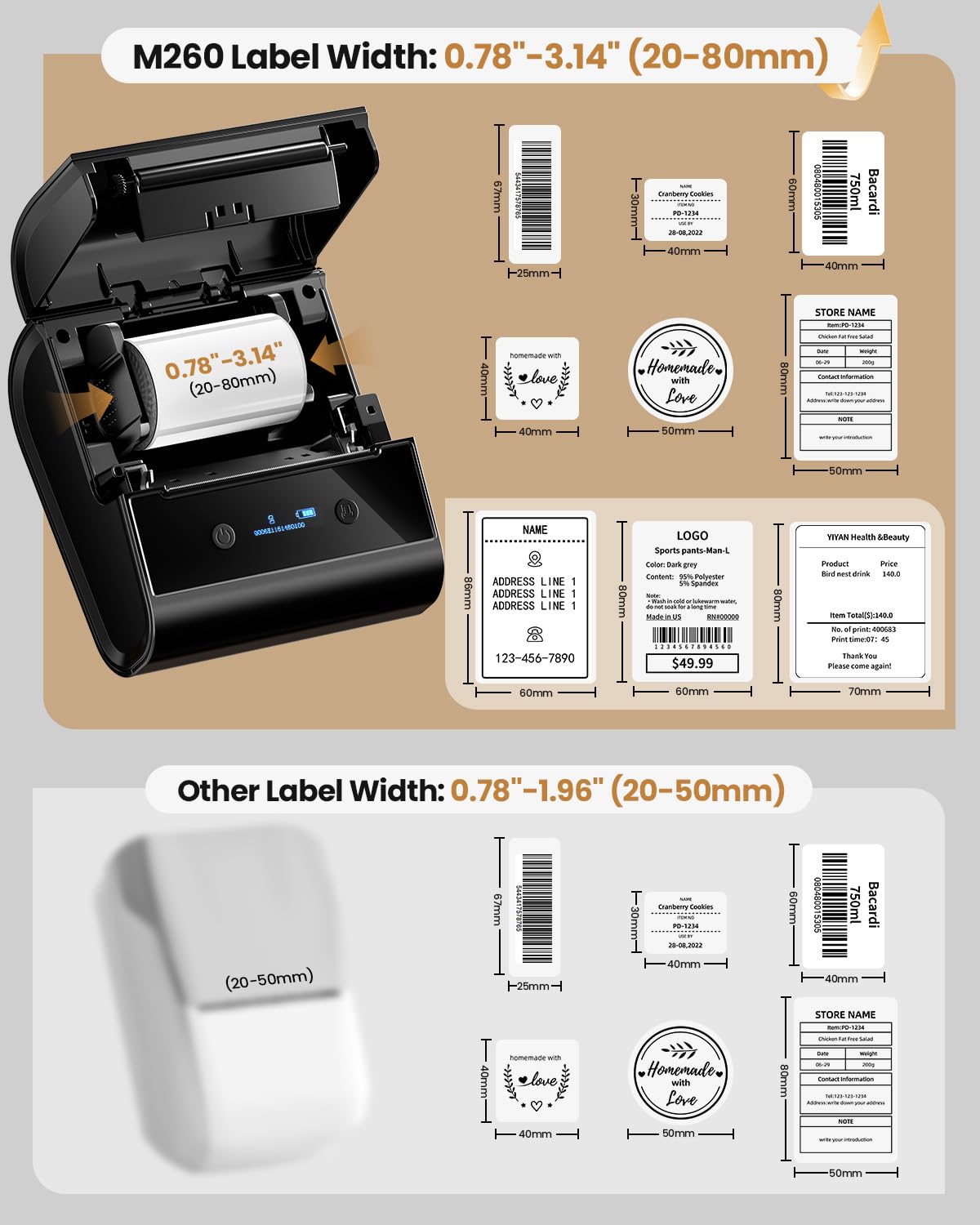 Barcode Label Printer 3 Inch - M260 Bluetooth Thermal Large Label Maker Machine, Portable Wireless & Inkless for Small Business, Home, Office - Waterproof Label, Compatible with iOS/Android/PC, Black
