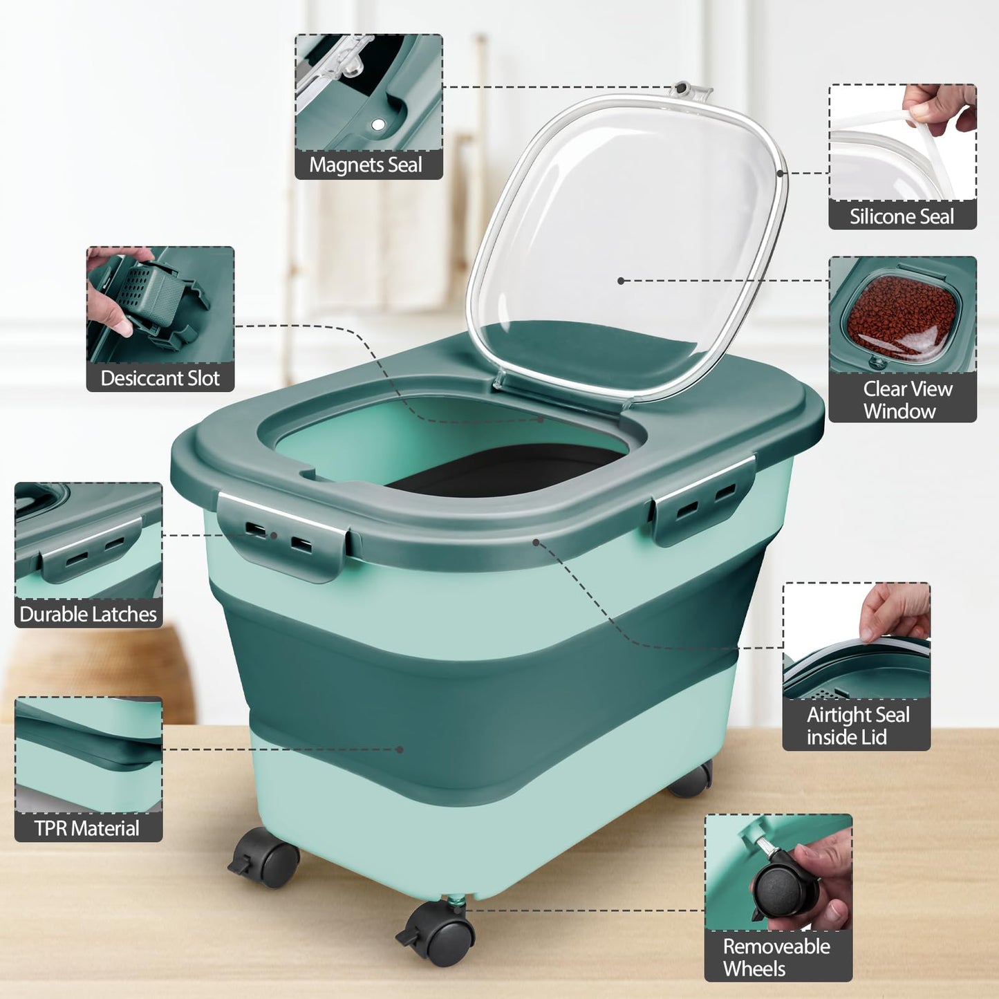 Viretec Dog Food Storage Container, 5-20Lbs Collapsible Pet Food Storage Containers with Rolling Wheel Airtight Locking Lid, Dry Food Storage Bin with Cup and Scoop,Suitable for Pet Food, Rice, Flour