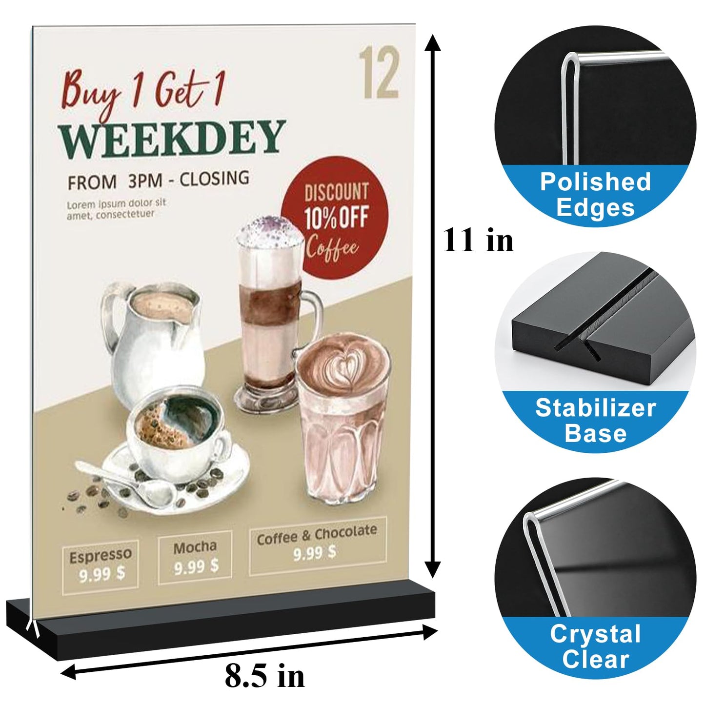 Seencool 8.5x11 Acrylic Sign Holder Vertical Double-Sided Tabletop Sign Holder with Black Base, Plastic Picture Frame Paper Holder, Clear Menu Display Stand for Office Restaurant Store Home 8 Pack