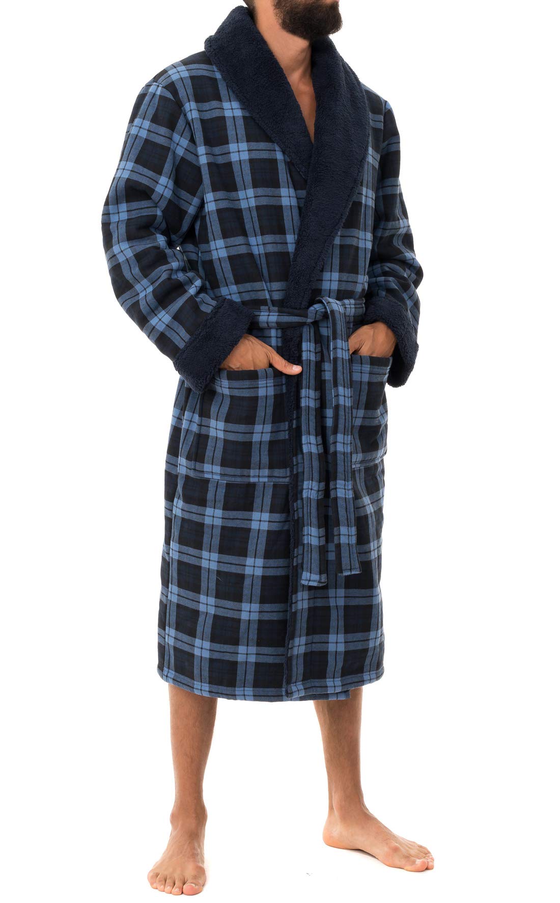 John Christian Men's Bonded Fleece Robe, Blue Check, Navy / Blue, XX-Large
